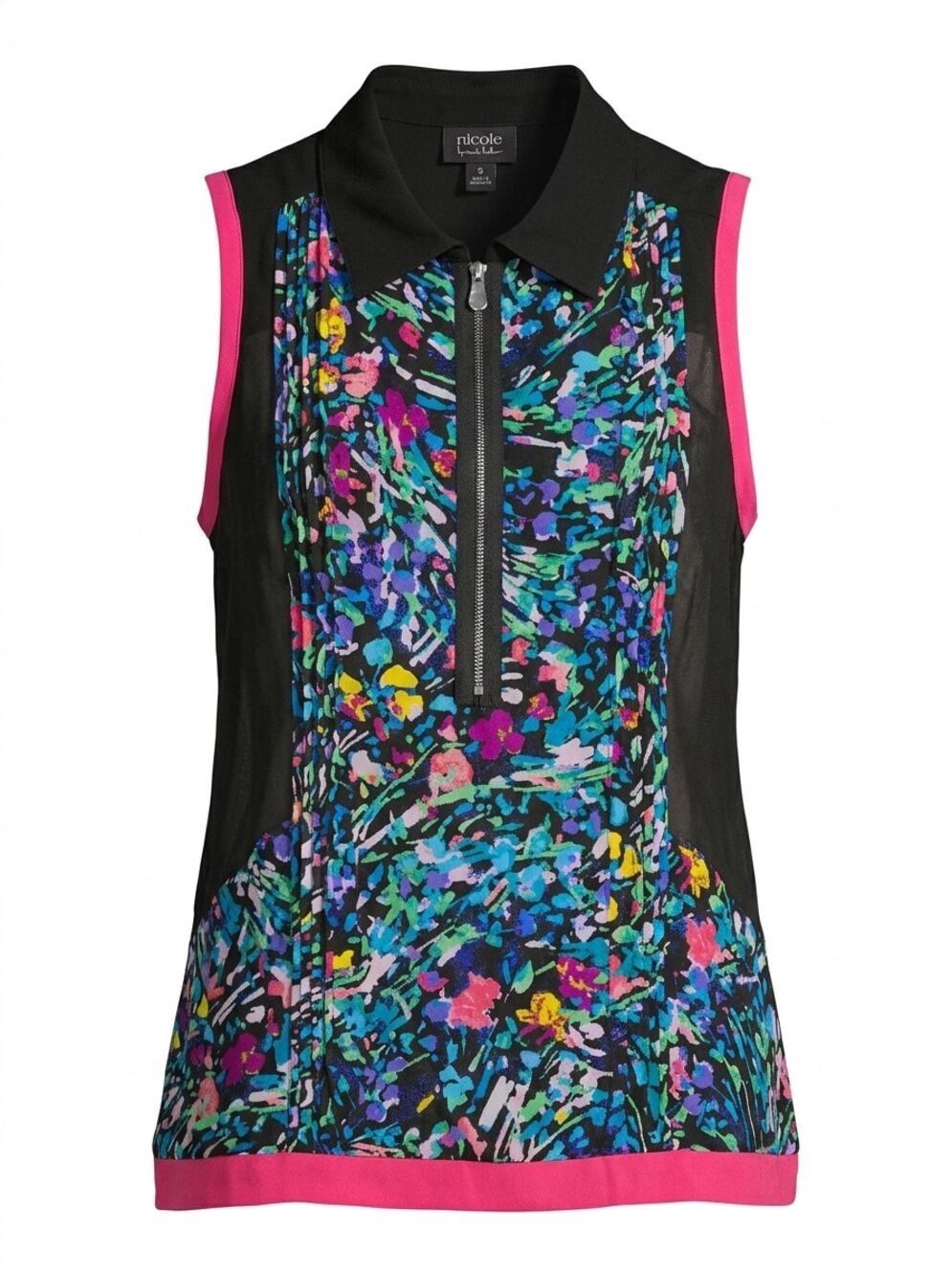 Nicole by Nicole Miller Black Floral Zip Collared Tank Top Women Size S